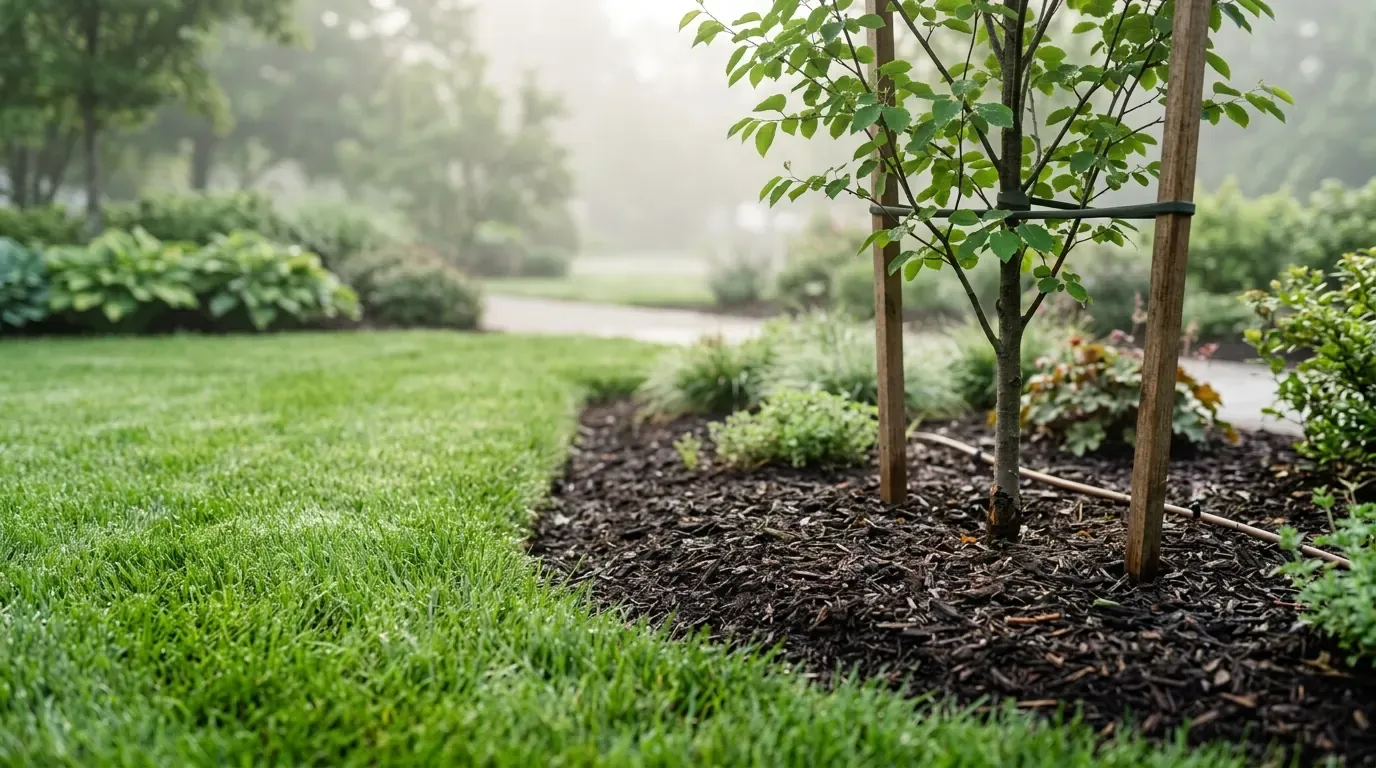Healthy green turf grass meeting a freshly mulched planting bed with a young ornamental tree on an established commercial landscape in soft morning light