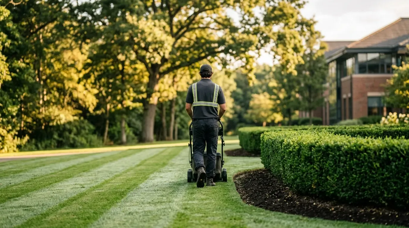 A grounds crew member mowing crisp stripes into a commercial lawn beside a clipped hedge and clean mulch edge in bright morning light, seen from behind