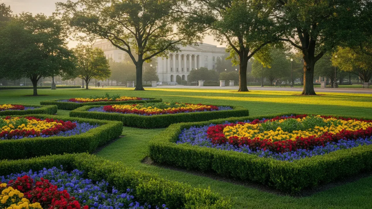 A civic-grounds landscape with a formal public-plaza planting of sculpted hedges and seasonal color beds, healthy turf, and mature canopy trees